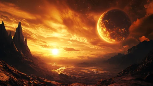 Twin suns ignite a molten alien valley beneath burning skies.