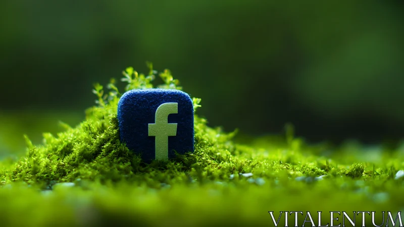 Photorealistic social media icon embedded in mossy ground.