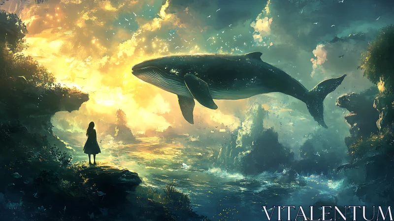Levitating whale and lone girl in luminous fantasy seascape