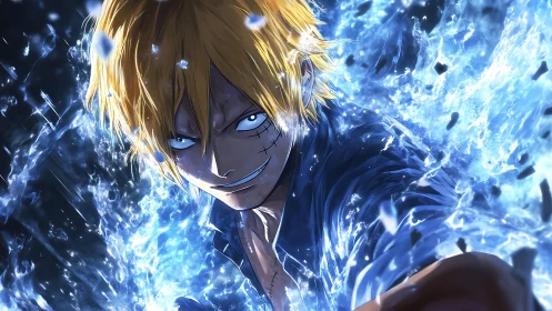 Electric-eyed anime warrior charges through blue energy storm.