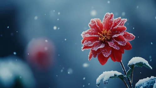 Frost-Covered Dahlia Blooming Against Winter Blue.