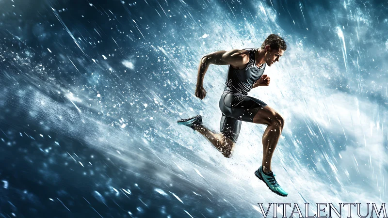Dynamic runner charging forward through stormy blue light.
