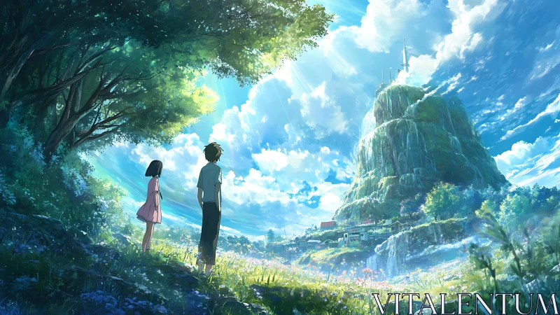 Two figures observe terraced mountain landscape under sky