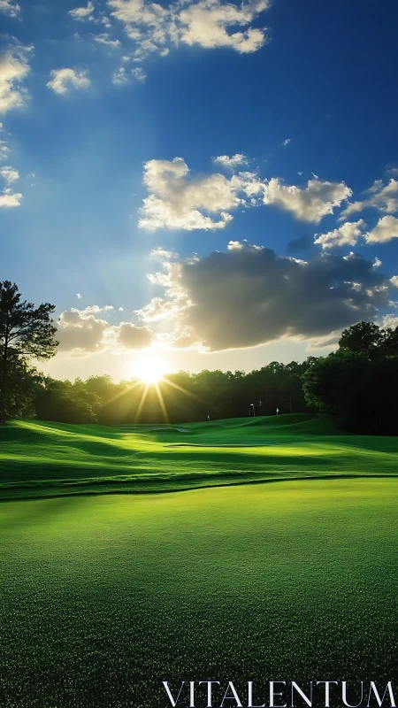 Sunlit golf fairway glows beneath a wide, cloudlit sky.