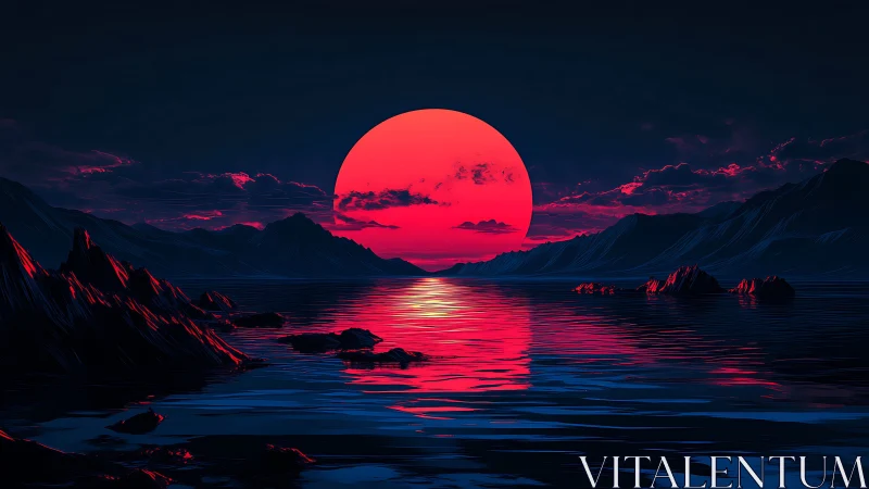 Crimson supermoon over neon-lit mountains and waterscape.