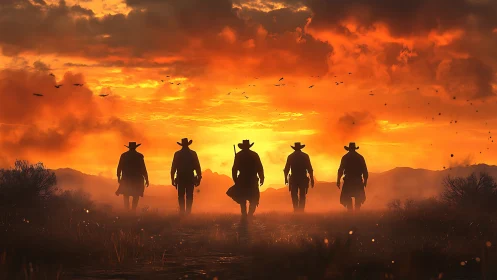 Silhouetted cowboys walk through dusty desert sunset.