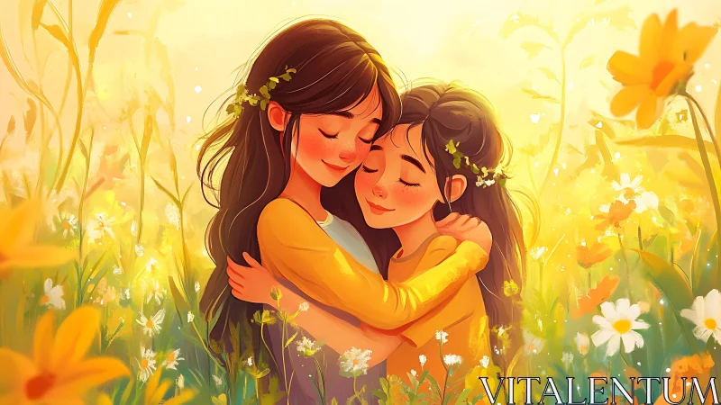 Sisters Hugging in a Sunlit Meadow, Whimsical Cartoon Style.