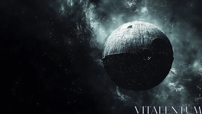 3D spherical battle station in high-contrast deep space composition.