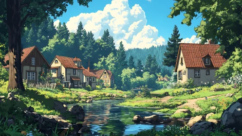 Sunlit rural riverside village rendered in detailed digital painting