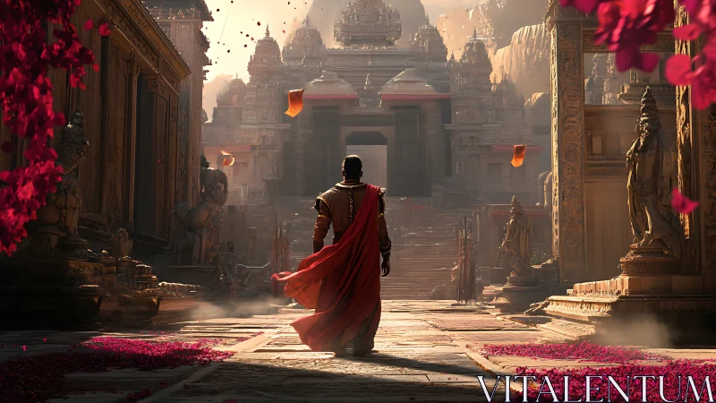 Lone warrior strides through ancient temple in rose-lit haze