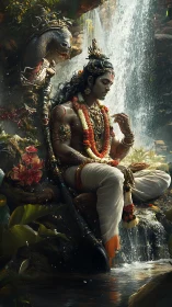 Divine ascetic figure meditating by cascading jungle waterfall