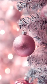 Soft pink Christmas ornament glowing on snowy branches.