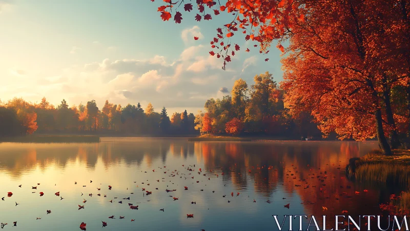 Golden autumn lake at sunset with drifting crimson leaves.