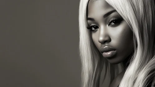 Monochrome close portrait of woman with long platinum hair