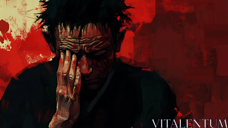 Expressionist portrait isolates anguish against fractured red field