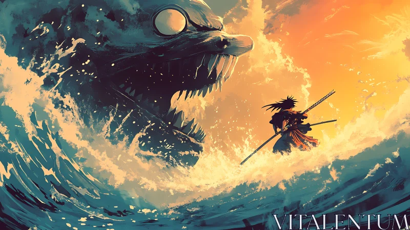Samurai stands in crashing surf before colossal sea monster