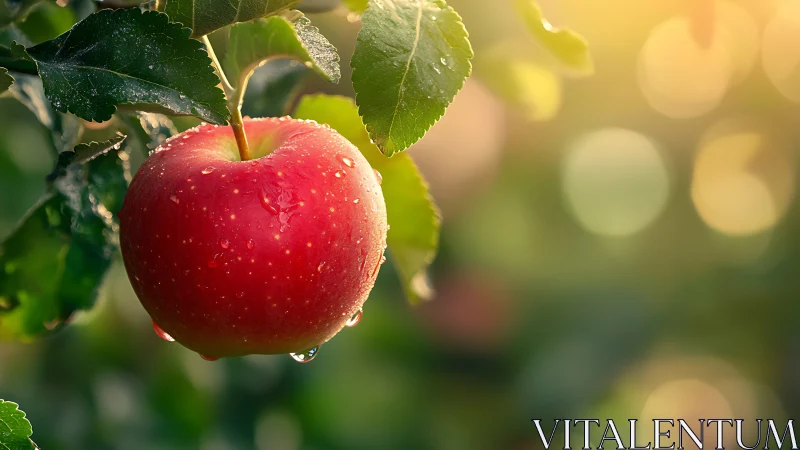 Morning dew on a sunlit garden apple, ripe and inviting.