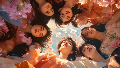 Circle of serene women resting amid drifting cherry blossoms.