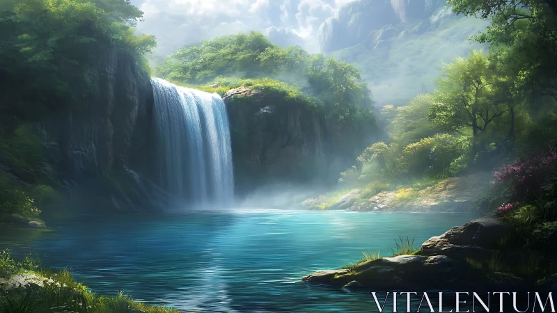 Waterfall and forest pool in sunlit mountainous landscape.