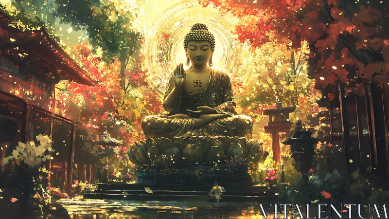 Radiant Buddha statue amid luminous autumn temple garden.