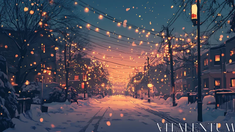 Snow-covered urban street glows under dense festive string lights