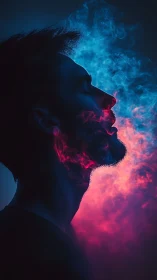 Silhouetted profile in neon smoke with ethereal color glow.