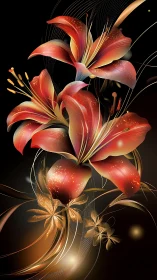 Digital Illustration of Red and Gold Lilies Against Black Background