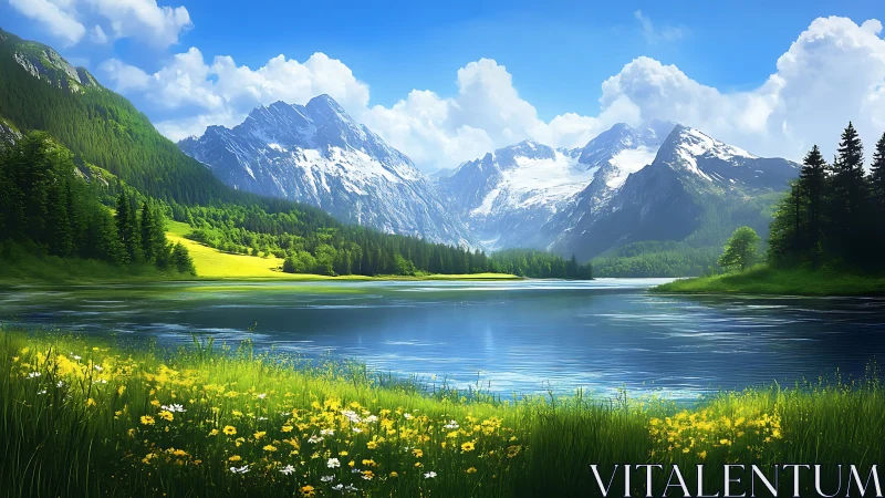 Mountain lake landscape with snow peaks and wildflower shore.