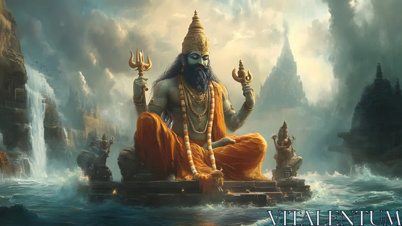 Mythic deity seated amid storm-lit oceanic temple ruins