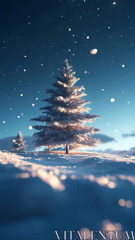 Solitary snow-covered fir rendered in soft cinematic 3D lighting