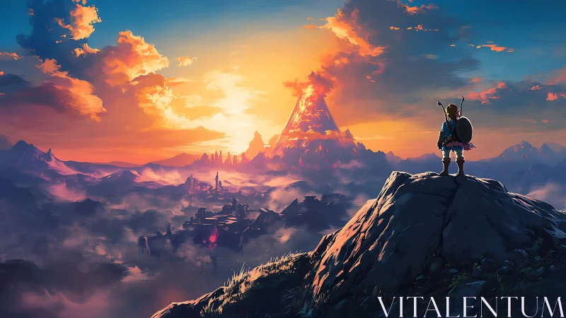 Heroic figure overlooks vast fantasy valley at sunrise