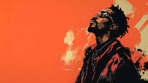 Stylized portrait of man in red jacket on orange field.