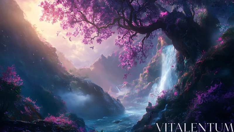 Luminescent fantasy gorge with cherry canopy and cascades