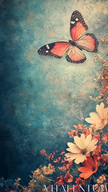 Butterfly drifts upward while twilight flowers quietly blaze