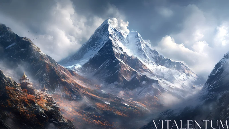 Quiet mountain temple beneath soaring snow-capped peaks.