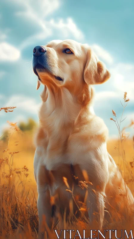 Golden retriever portrait under warm afternoon sky.