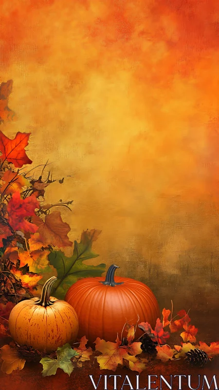 Pumpkins and golden leaves resting in cozy autumn light.