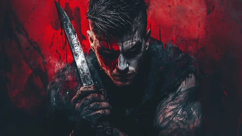 War-painted warrior grips knife against blood-red void.
