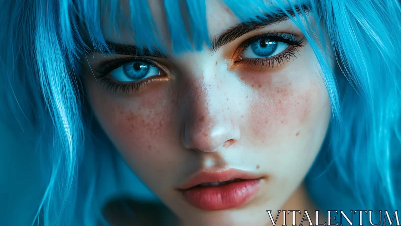 Electric blue gaze and soft freckles in dreamy close-up.