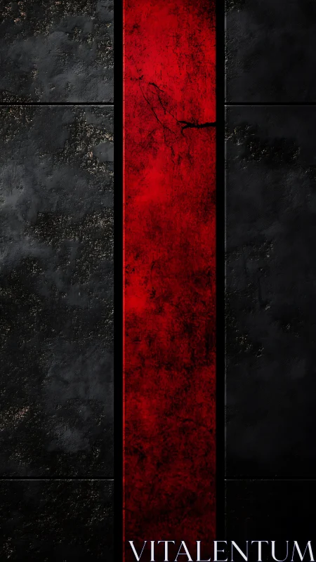 Vertical red band divides textured black surface.