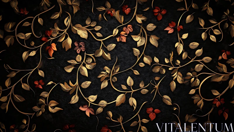 Golden floral vines twist over deep textured black ground.