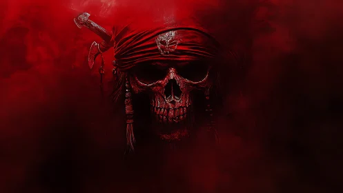 Pirate skull with red bandana emerges from dark red fog