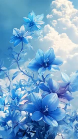 Digital rendering of multi-layered blue flowers against graduated sky with volumetric cloud formatio