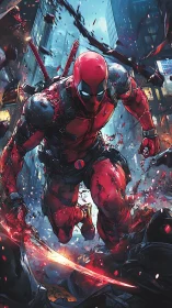 Rebel red warrior leaping through a storm of neon chaos.