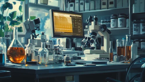 Sunlit biotech workstation hums with glass, code, and culture.