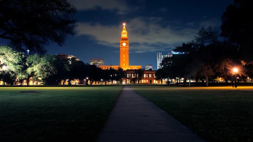 Illuminated campus clock tower over central lawn at night.