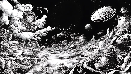 Cosmic shipwreck adrift in a swirling alien seascape.