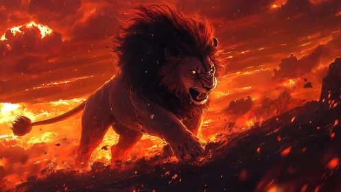 Volumetrically lit lion strides through eruptive lava field at dusk