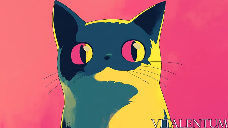 Neon-eyed cartoon cat gazes into candy pink daydreams.