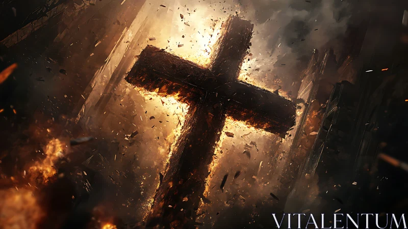 Burning stone cross collapsing amid apocalyptic inferno.